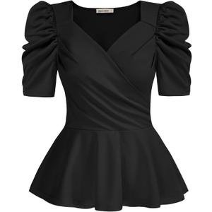 GRACE KARIN 2025 Womens Tops Elegant Peplum Top Wrap V Neck Puff Short Sleeve Summer Tops Blouse (X-Large, Black)