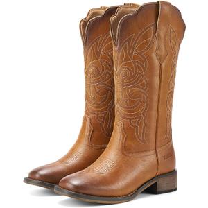 Rollda Cowgirl Boots Cowboy Boots for Women Square Toe Mid Calf Western Boots Ladies Fashion Boots with Chunky Heel (6, Brown)