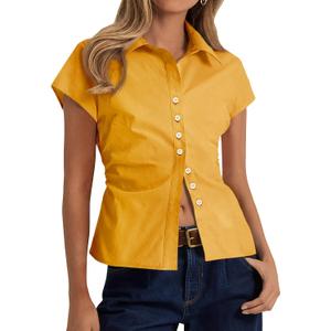 Cicy Bell Womens Summer Button Down Shirts Short Sleeve Petite Blouses Tops | Slim Fit, Casual Dressy, Ruched, Going Out (Yellow, XXL)