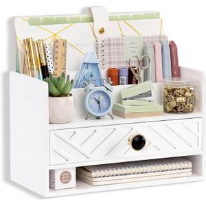 white Wood Desk Organizer and Accessories with Drawer, Bill Mail Organizer and File Mail Holder for Office Supplies, Desk Accessories & Workspace Organizers for Desk Organization