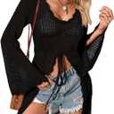 Saodimallsu Womens Crochet Coverups Sexy Tie Front Slit Knit Long Sleeve Scoop Neck Bikini Beach Cover Up Tops (XX-Large, Black)