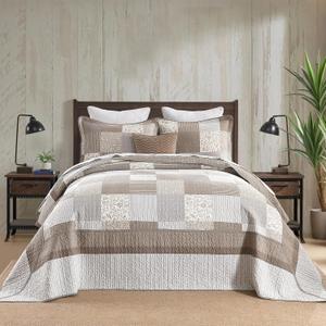 Bedduvit 100% Cotton 120"x120" Oversized California King Bedspread - Extra Wide Reversible Patchwork Plaid Quilts Bedding Set, All Season Lightweight Floral Coverlet Set 3pcs Blanket, Brown/Gray/Beige