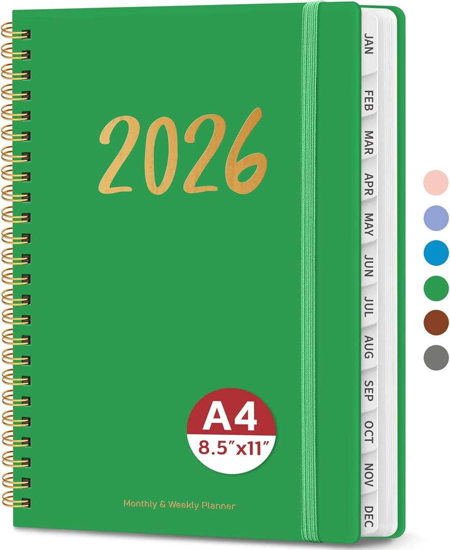 2026 Planner, Weekly and Monthly Planner for Women, January 2026 - December 2026, Hardcover 2026 Calendar Planner Book with Tabs, Inner Pocket, Spiral Bound, Perfect for Office Home School Supplies - A4 (8.5" x 11"), Racing Green