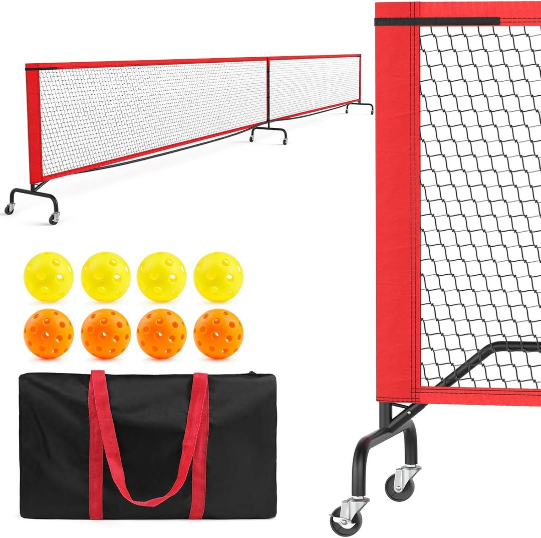 Portable Pickleball Net with Wheels, 22 FT Regulation Size/11 FT Half Court, Weather Resistant Metal Frame and Strong PE Net with Carry Bag and Pickleballs, for Driveway Garages - Black Red
