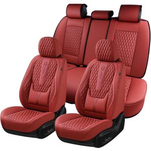 Coverado Car Seat Covers Full Set, Red Seat Covers for Car with Lumbar Support, Nappa Leather Seat Covers Waterproof Car Seat Protectors Universal Fit for Most Cars SUV Trucks