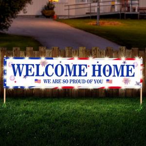 Breling 118 x 19. 7 Inch Large Welcome Banner Sign Decor with LED Patriotic Army Yard Sign Outdoor Family Military Army Homecoming Return Backdrop 2 Battery String Light 30 Plastic Clip, No Poles