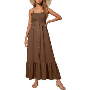 Dokotoo Womens Summer Dresses 2026 Sleeveless Spaghetti Strap Button Down Smocked Beach Vacation Long Maxi Dress with Pockets (Small, Brown)