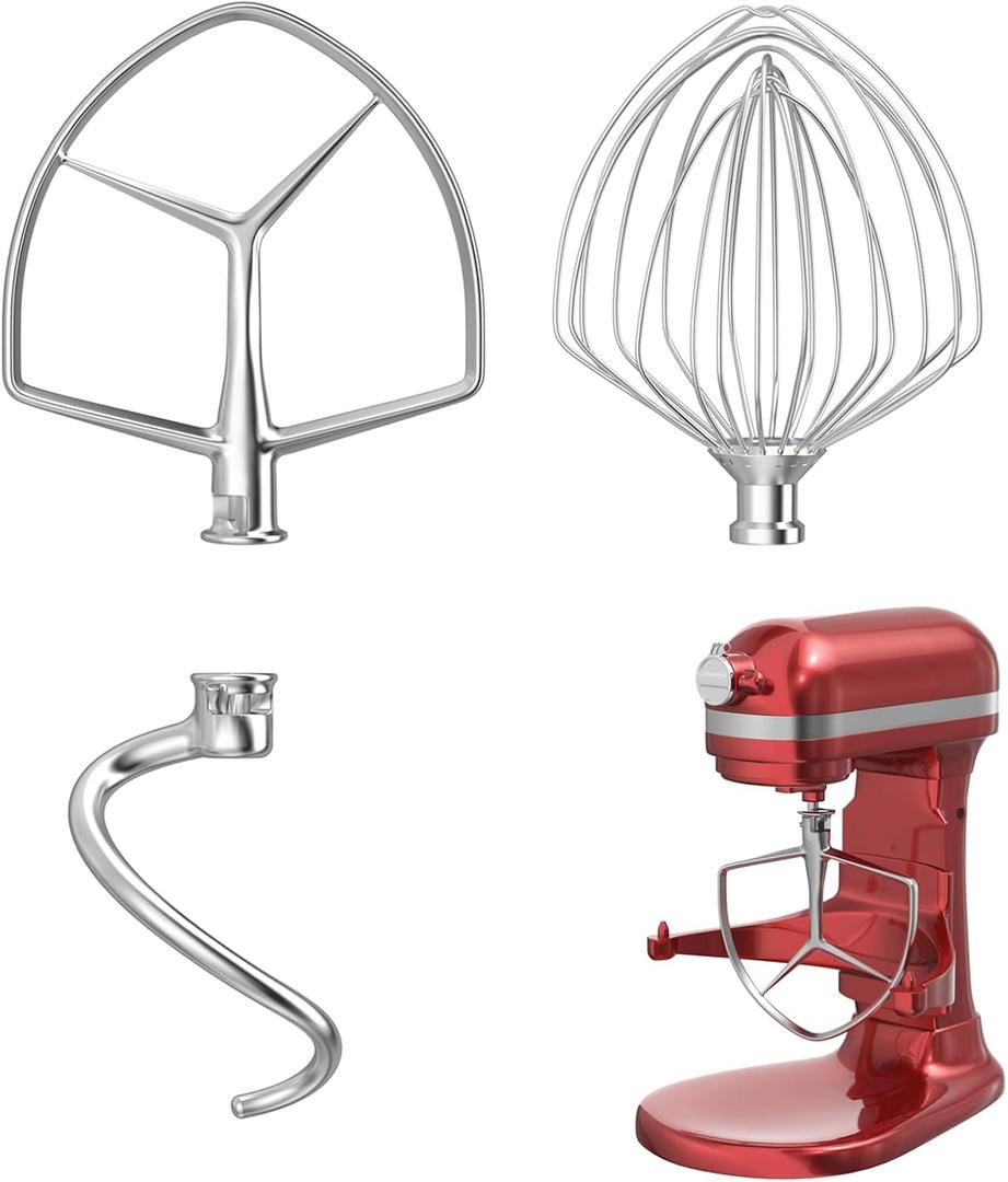 Stainless Steel Kitchen Mixers Accessories for KitchenAid Mixer and 7 Qt Bowl (7QT 9-Wire Whip, 7QT Flat Beater, 7QT Dough Hook Attachment) Dishwasher safe