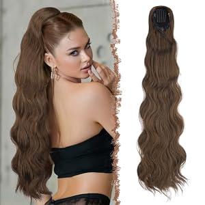 FESHFEN Long Drawstring Ponytail Extension, 30 Inch Wavy Curly Comb Clip in Ponytail Hair Extensions Synthetic Pony Tails Clip on Hairpieces for Women, Brown Mixed Light Auburn