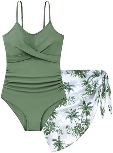 Idgreatim Teen Girls One Piece Swimsuit with Cover Up Bathing Suit Set Size 9-16 (9-10 Years, Black Leaves)