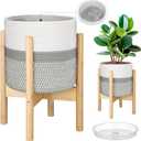 Plant Basket with Stand Indoor Planter Pot Holder Sturdy Jute Rope Modern Woven Basket, Cotton Rope Woven Pot with Bamboo Stand(10 Inch,White and Gray)