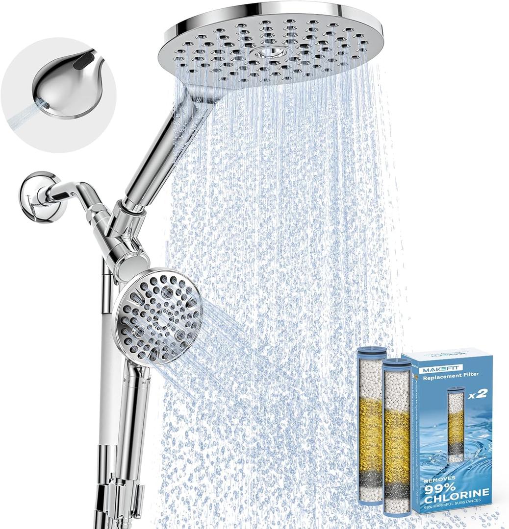 Dual Filtered Rain Shower Head Combo, Handheld Shower Head with Adjustable Bar - Rainfall Shower Head And Showerhead with Filter for Hard Water - Removes Chlorine (Premium Chrome)