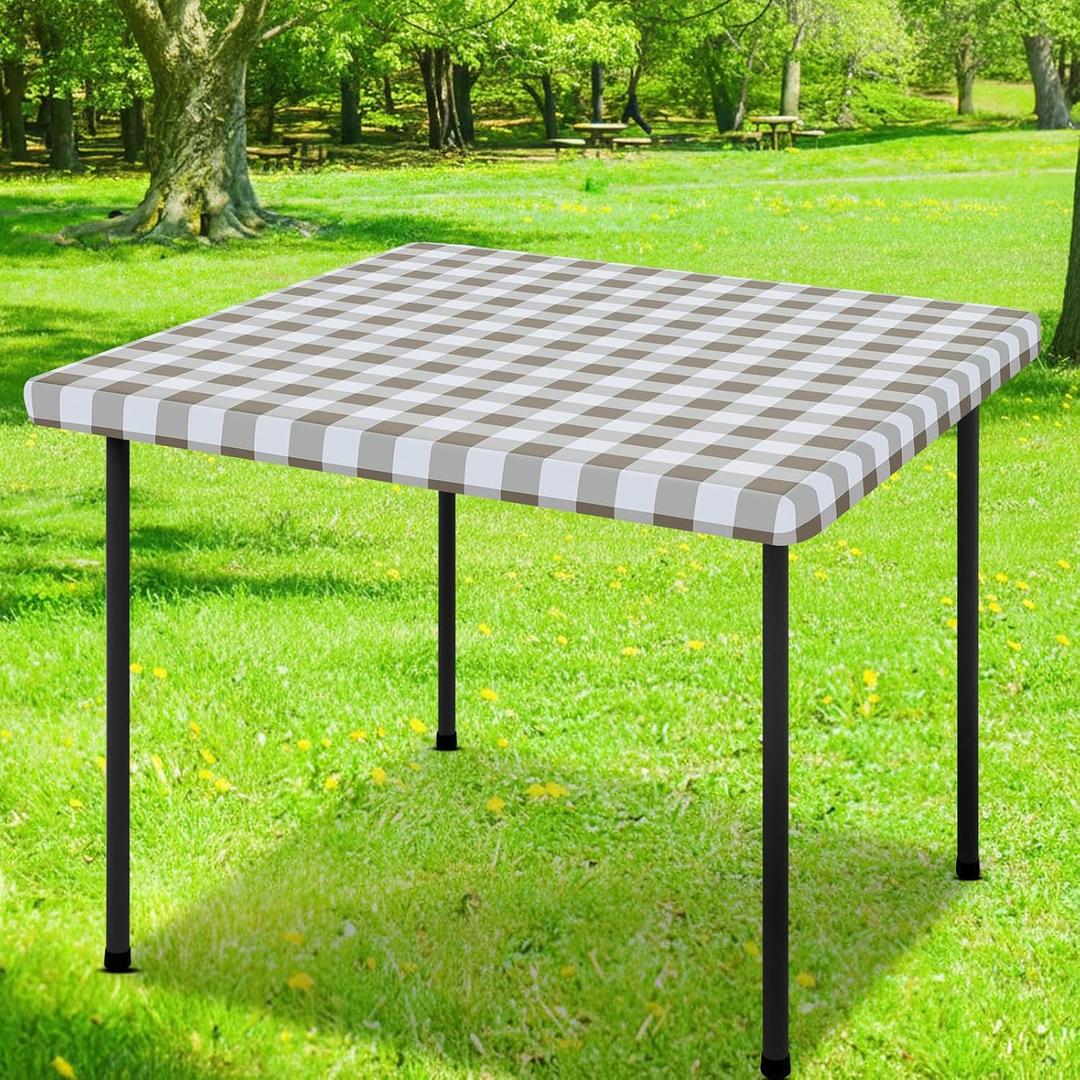Smiry Square Picnic Table Cloth, Elastic Waterproof Fitted Vinyl Tablecloths, Flannel Backed Buffalo Plaid Table Covers for Dining, Camping, Outdoor (White and Khaki, 54" x 54")