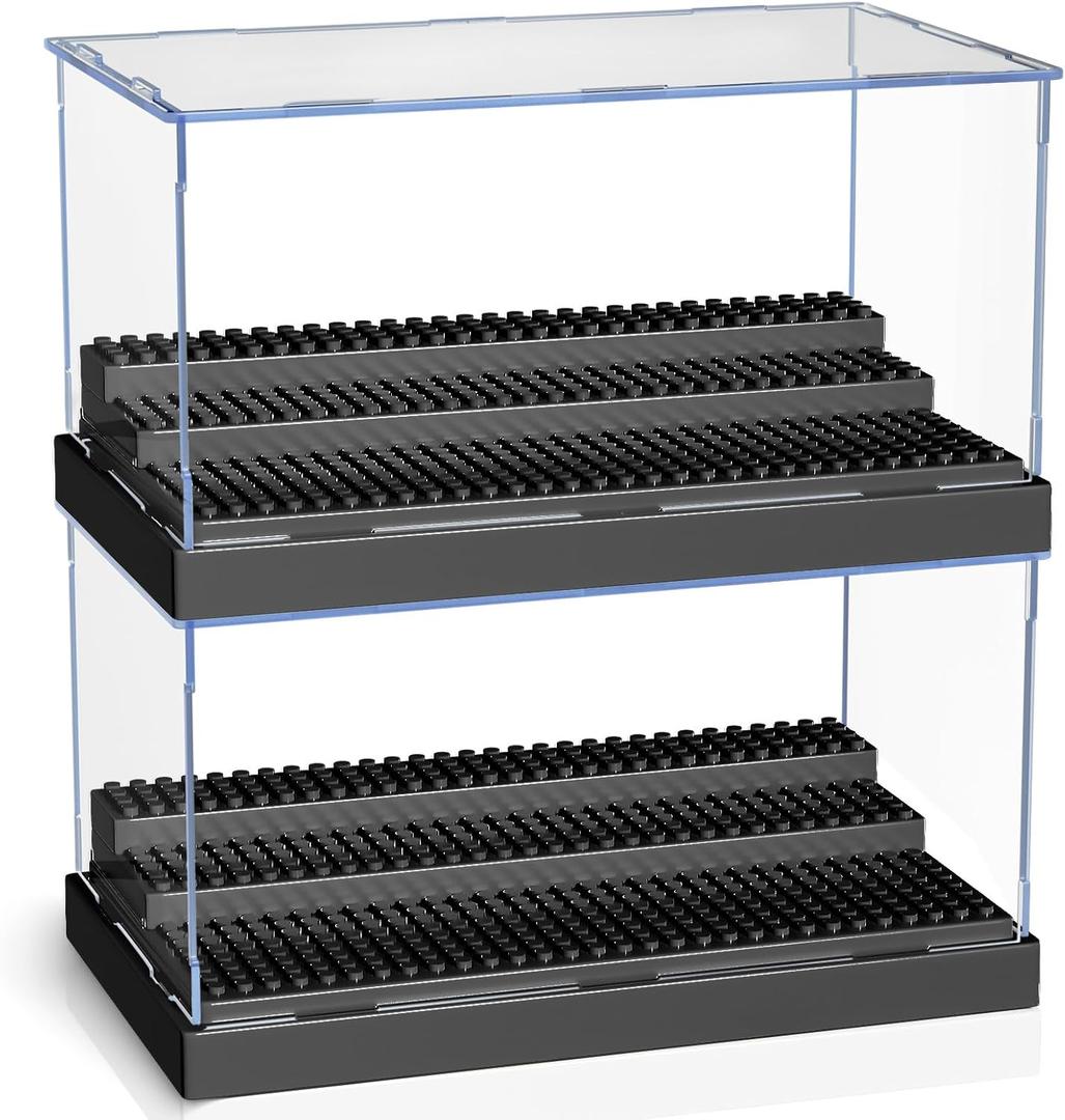 KKU Display Case for Minifigure Action Figures Blocks, Acrylic Minifigure Display Case Box Storage with 3 Movable Steps Gift for Kids Adults Black, 2 Pack