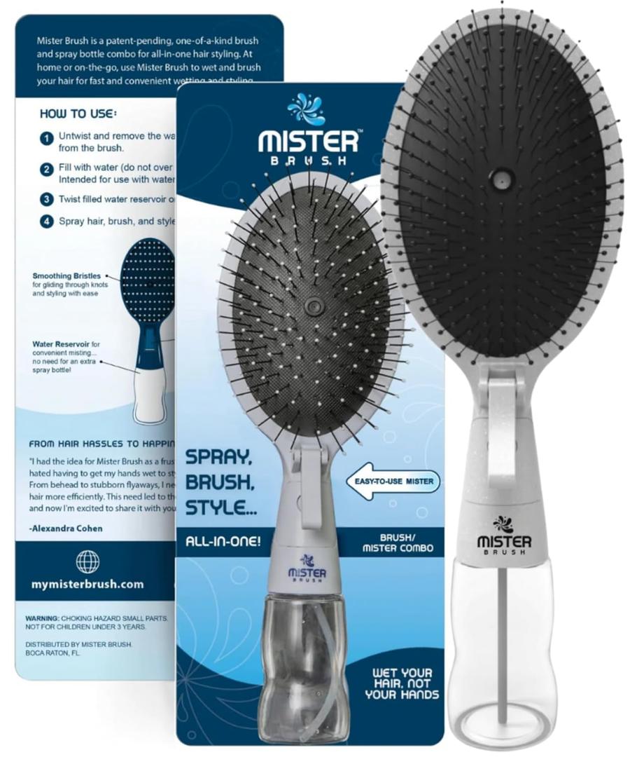 Mister Brush 2-in-1 Hairbrush Mister Innovative Hair Mist & Brushing Tool for Wet & Dry Hair Styling No-Tangle Bristles, Convenient Water Reservoir, Easy-to-Use (White)