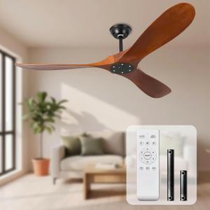 52 Inch Ceiling Fans no Light with 3 Blades, Solid Wood Ceiling Fan with Remote Control and DC Motor, Indoor Outdoor Ceiling Fans for Patios, Bedroom, Living room