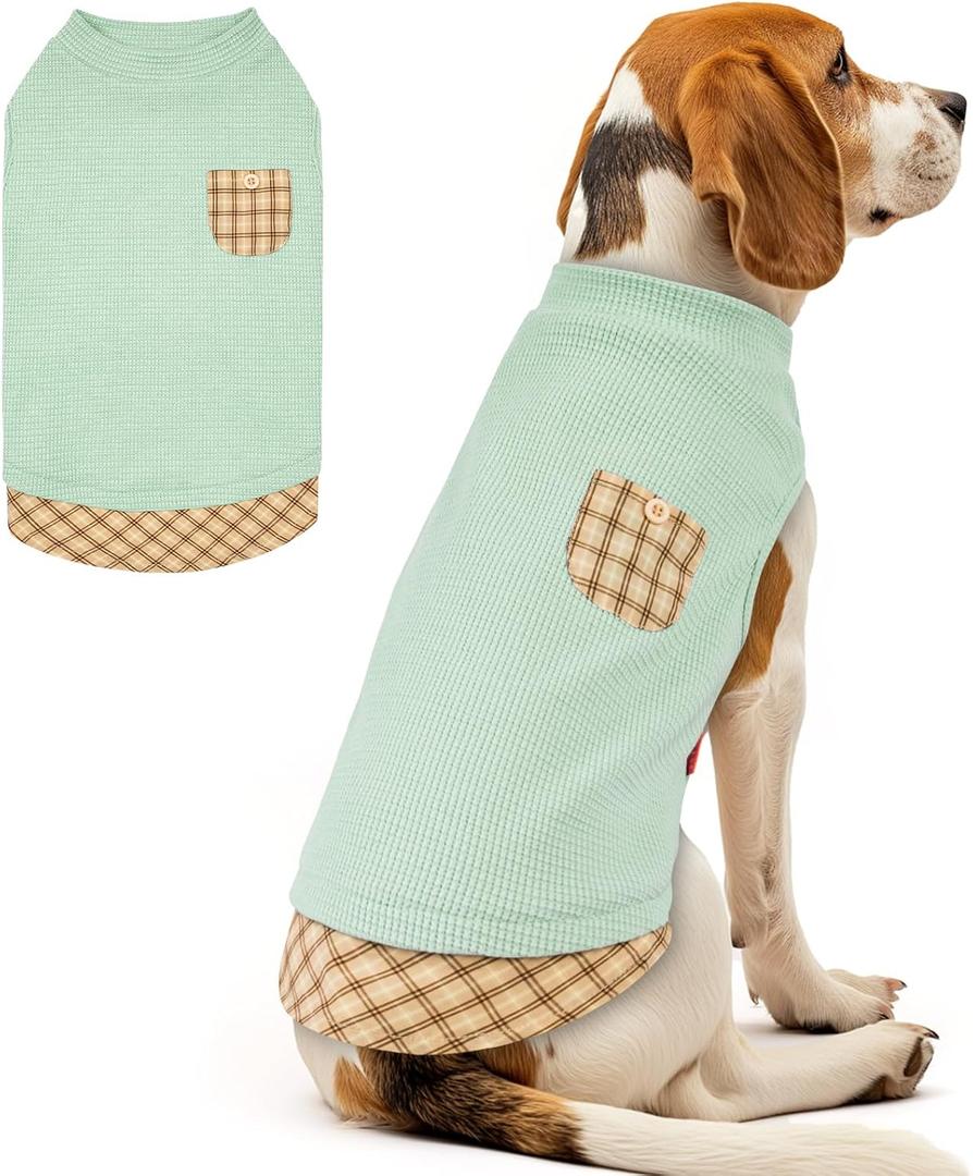 KYEESE Waffle Dog Shirts for Medium Dogs Soft Stretchy T-Shirts Lightweight Sleeveless Vest Breathable Pet Top with Pocket Detail and Classic Plaid Patchwork, XX-Large