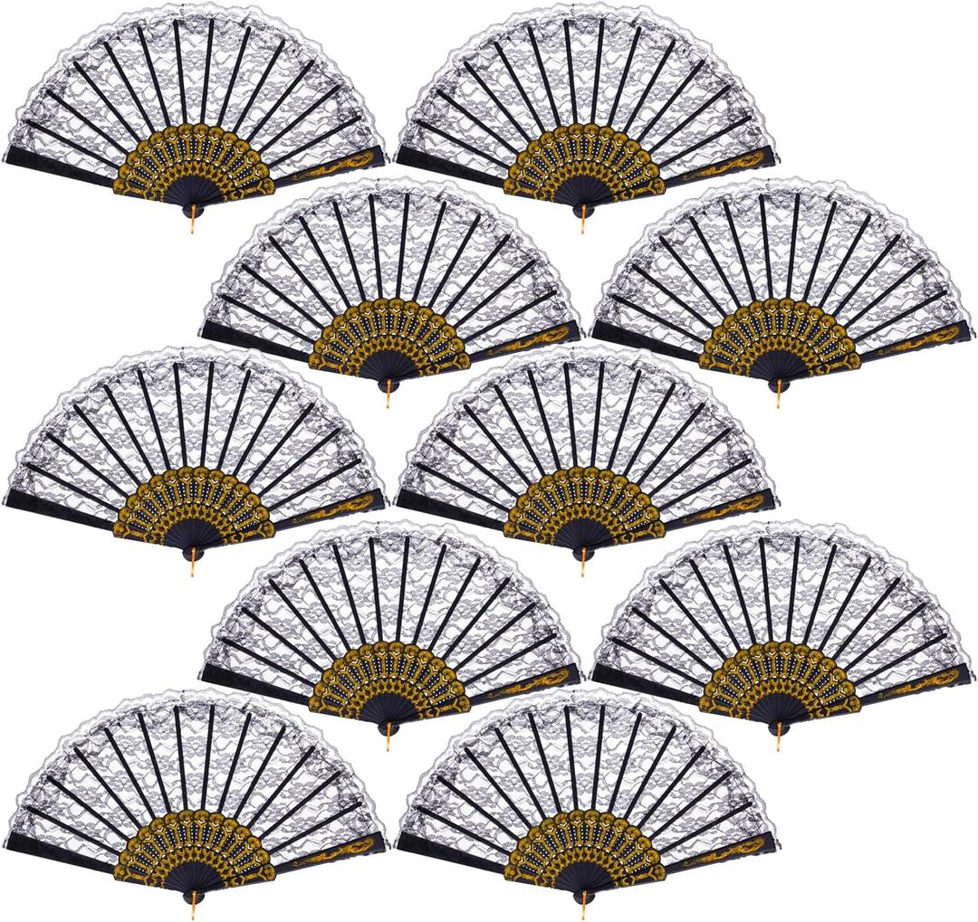QIRMIZI 10 Pack Lace Handheld Folding Fan - Elegant Silk Fan for Women's Wedding Decoration and Dancing Party - Black