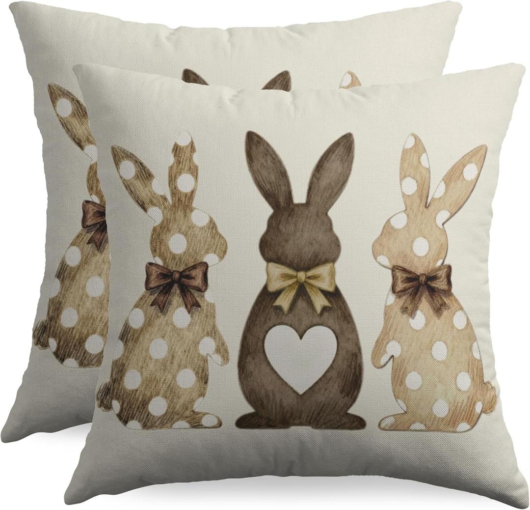 Easter Bunny Pillow Covers 18x18 Inch Set of 2 Polka Dot Brown Rabbit Bowknot Print Spring Holiday Decorative Throw Pillowcases Outdoor Seasonal Farmhouse Cushion Cases Decor for Sofa Couch Bed
