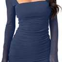 oten Women Mesh Long Sleeve Square Neck Mini Dress Sexy Ruched Bodycon Cocktail Club Party Short Dresses (Small, Navy Blue)
