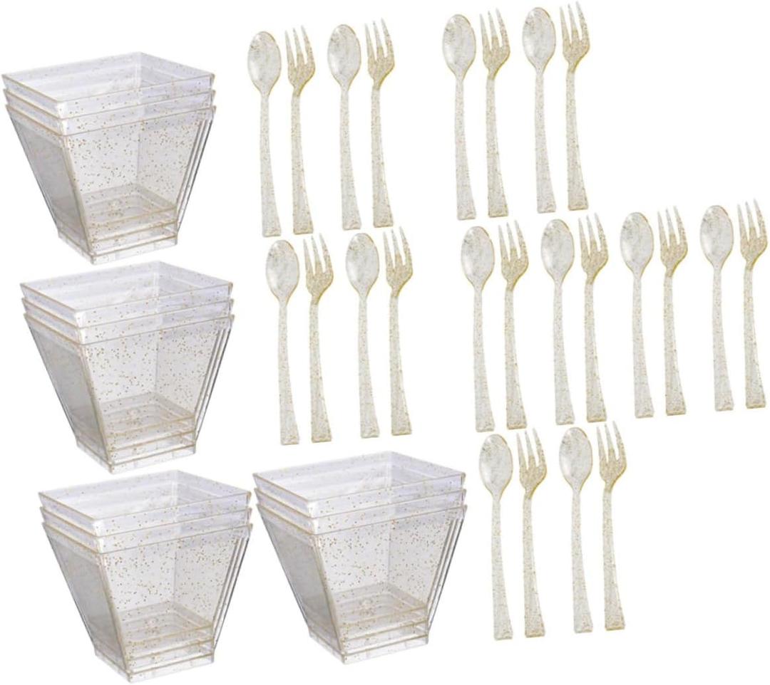1set Disposable Dessert Cups Golden Glitter for Parties Weddings and Celebrations Includes Cups Spook Forks and Cutlery