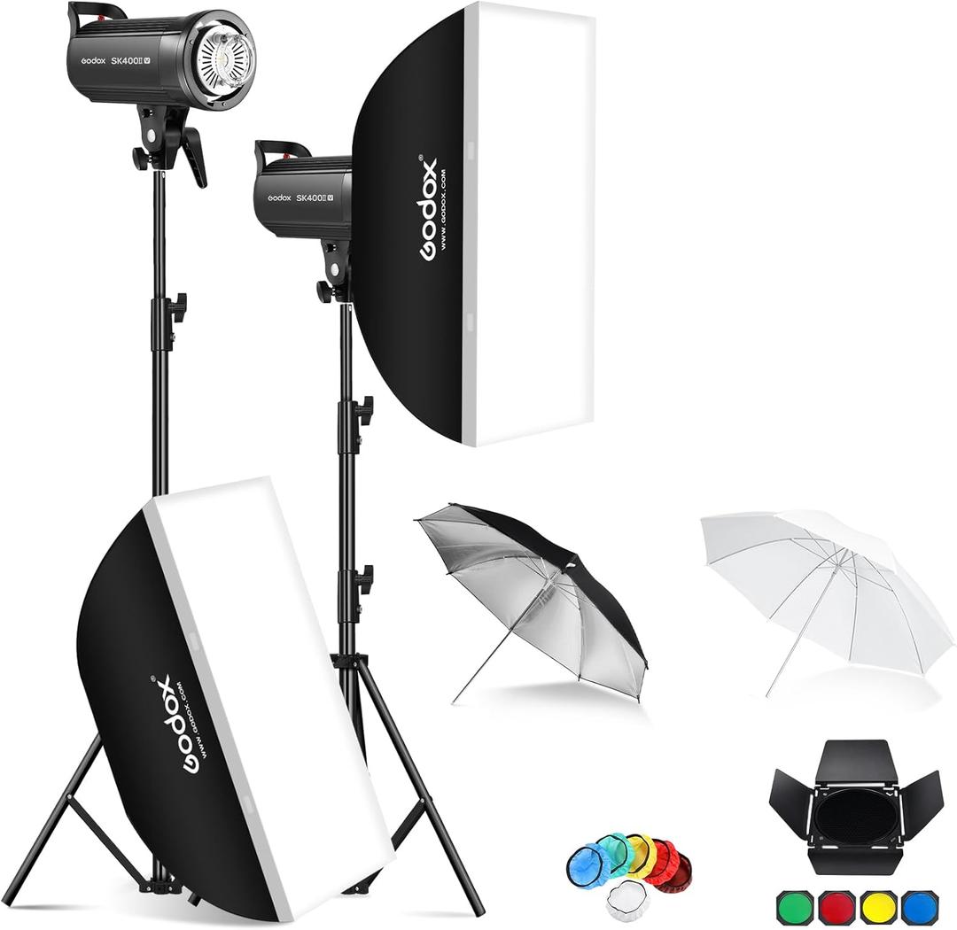 Godox SK400IIV 400W Professional Studio Strobe Flash 2Pack Kit 5700200K with Standard Reflector,BD-04,Softbox,Umbrella,Light Stand,for Photography 2.4G Wireless X System Bowens Mount