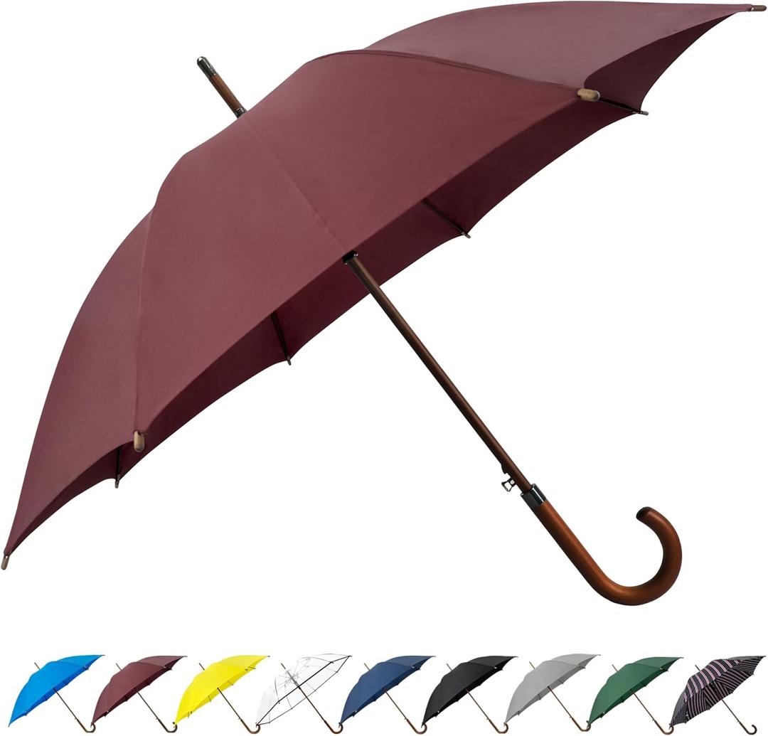 SoulRain 48" Large Umbrella  Windproof Stick Umbrella for Rain, Automatic Open for 2 Persons, Classic Wooden Handle, Durable Travel & Red Umbrella for Men & Women (Wine)