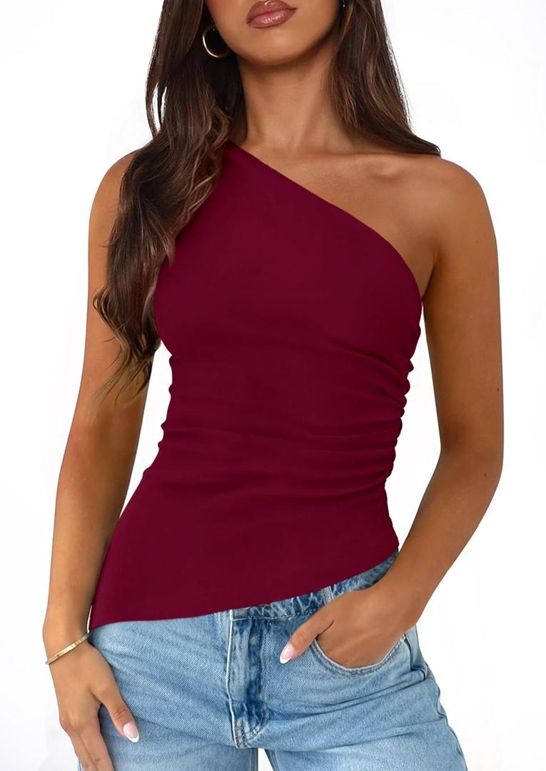 PRETTYGARDEN Womens 2025 Summer Y2K Tops Sleeveless One Shoulder Slim Fit Shirts Ruched Knit Asymmetrical Top Blouse (Red, XXL)