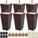 8 Inch / 20 cm Wooden Furniture Legs, Set of 6 Solid Wood Mid-Century Modern Pyramid Replacement Feets with 5/16 inch Bolt & Rubber Floor Protectors for DIY Ottoman TV Stand Walnut