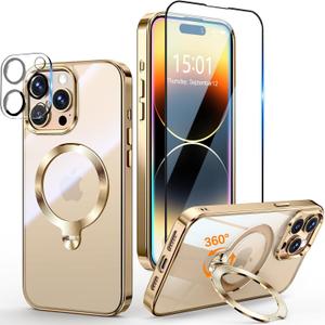 [Tri-Shield Protection] for iPhone 14 Pro Case with 360 Spin Stand Compatible with MagSafe [Magnetic CD Ring] [Screen & Camera Lens Protector] Shockproof Plating Never-Yellowing, Gold-6.1"