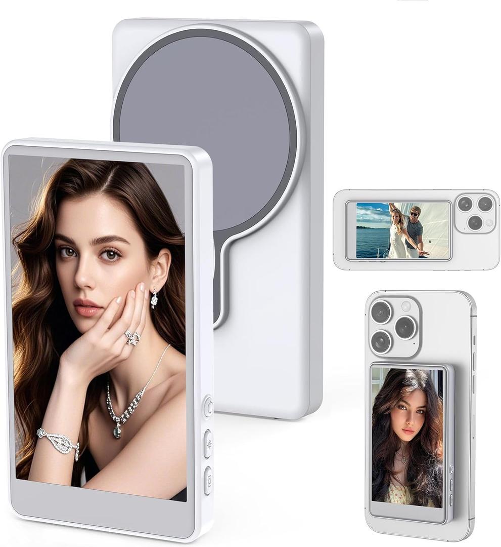 Vlog Selfie Monitor Screen for Phone, Rear Camera for Selfie Vlog Live Stream, Magnetic Mount Wireless Connection with Remote Control Compatible with iPhone (NOT Support 17) (4 inch, White)