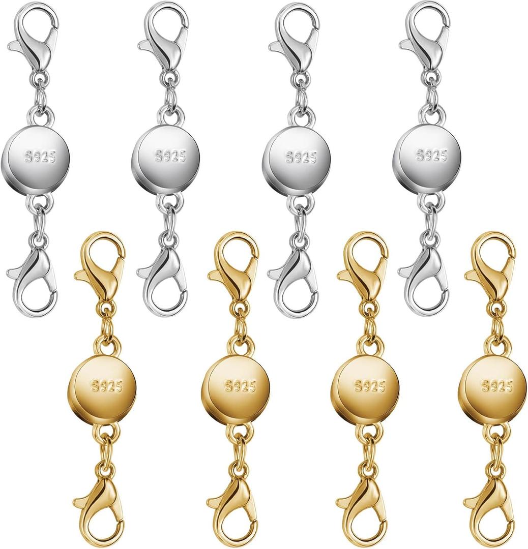 925 Silver and Gold Magnetic Necklace Clasps, Round Necklace Clasp Closures for Jewelry Making,Magnetic Necklace Clasps and Extenders,for Bracelet Necklace and Accessories (8pcs | Gold Silver)