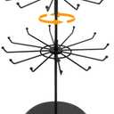 MyGift 2 Tier Black Metal Rotating Necklace and Bracelet Organizer Jewelry Stand with 24 Hooks, Multipurpose Accessory and Keychain Spinning Display Rack with Top Handle Card Holder