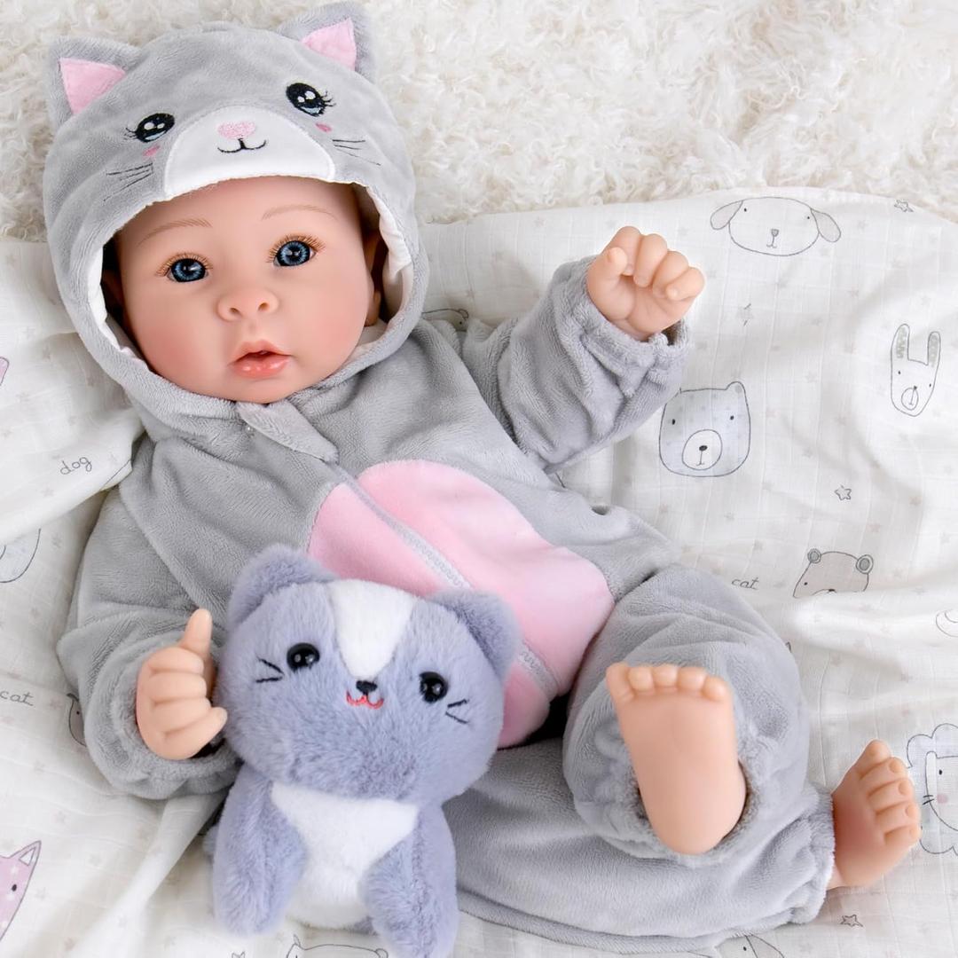 Aori Lifelike Baby Dolls - Realistic 17-Inch Baby Girl with Cute Lightweight Body, Real Life Baby Doll Set with Accessories for 3+ Kids Girls & Collection (Gray Kitty)