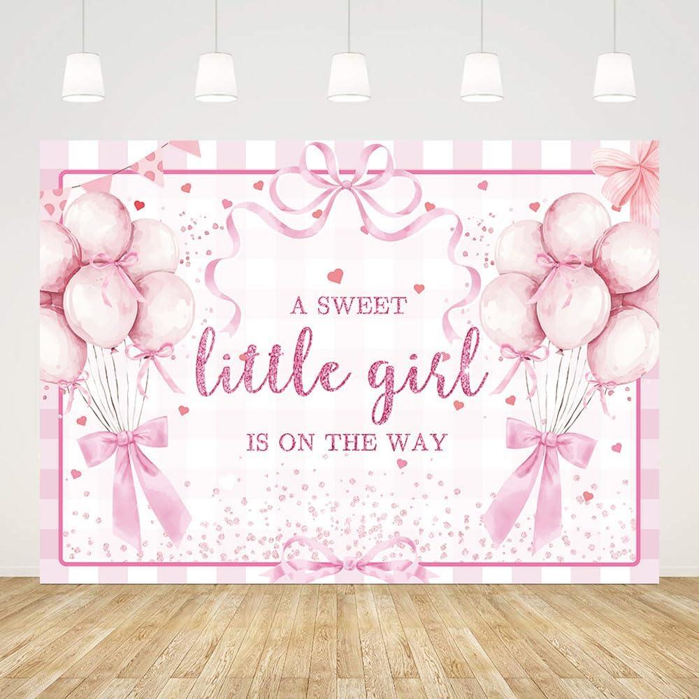 AIBIIN 7x5ft Pink Bow Baby Shower Backdrop A Sweet Little Girl is On The Way Photography Background Pink Glitter Balloon Bachelorette Birthday Party Decorations Banner Photo Props