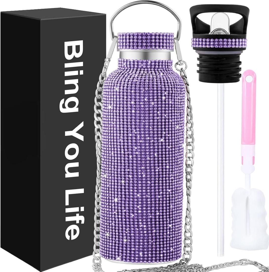 Bling Water Bottle Rhinestone,Diamond Water Bottle,Glitter Rhinestones Stainless Steel Thermal Bottle,Bling Cup for Women Girls,Bling Tumblers with 2 Style lids and 55in Chain (Purple)