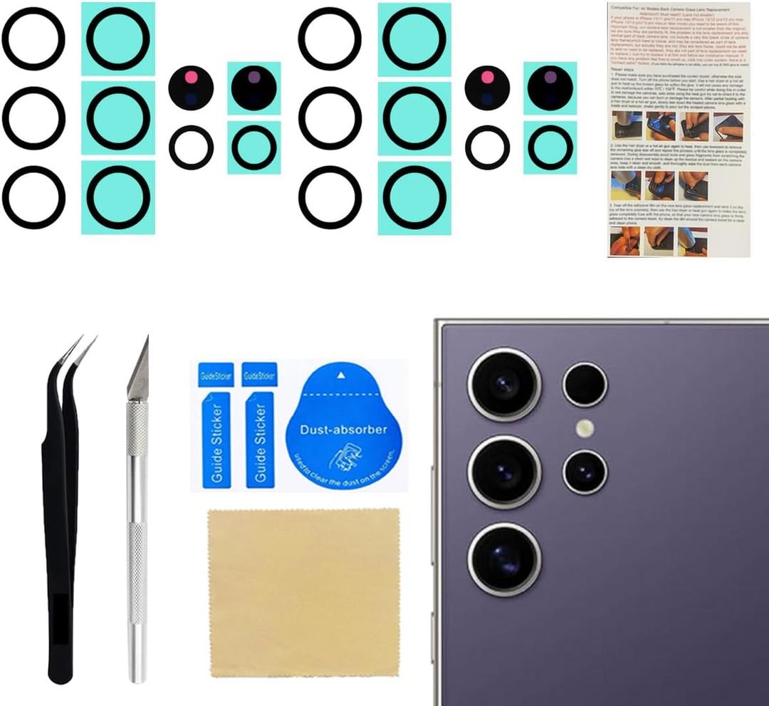 2 Set Back Camera Lens Replacement Compatible with Samsung Galaxy S24 Ultra All Carriers with Professional Repair Kit and Installation Instruction