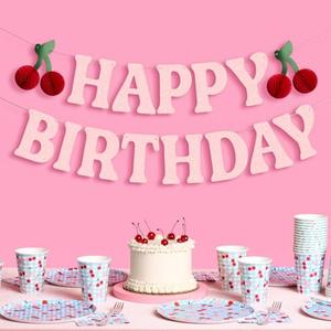 xo, Fetti Happy Birthday Cherry Banner - Pink Glitter, 6.5 Ft. | 3D Cherry Garland