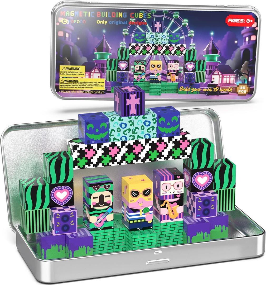 Music Animals Theme Magnetic Building Blocks Travel Toys Set with Portable Metal Tin for Kids Boys & Girls Ages 3+, 35PCS STEM Learning Magnetic Cubes for Toddlers 3-5,Birthday Gifts, Classroom Prizes