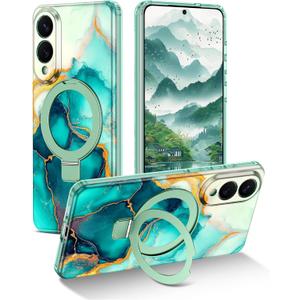 Magnetic for Samsung Galaxy S25 Edge Case with Invisible Ring Stand [Compatible with MagSafe], Full Body Rugged Slim Women Men Girl Shockproof Marble Pattern Design Case, Cyan