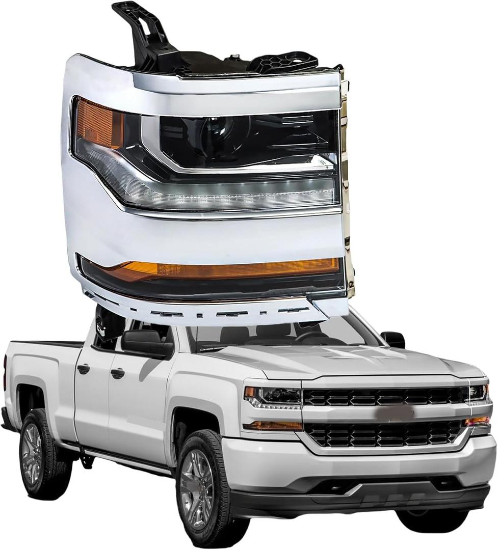 labwork 1PC Headlight Assembly Chrome Housing Replacement for Silverado 1500 2016-2018 HID with DRL Passenger Side RH 84356947 GM2503445
