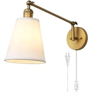 PERMO Retro Swing Arm Wall Sconce Plug in Wall Lamp Single Sconce Light Fixture with White Fabric Shade for Bedroom Living Room Home Office