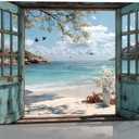 Framed Open Window Beach Canvas Wall Art Coastal Wall Decor Picture White Flowers and Butterflies Painting Artwork Fake Window Wall Art Horizontal Nature Landscape Seaside Summer Print for Home Decoration (B, 8x12inch(20x30cm), Framed)