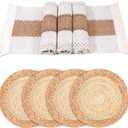 Handmade Boho Placemats Set of 4 - Farmhouse Style Placemats, Natural Cotton Burlap and Water Straw Woven Combination Table Mats, Handmade Round Woven Table Mats for Dining Tables, Kitchen