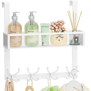 SWTYMIKI Over The Door Hook with 16 Hooks & Mesh Baskets - Heavy Duty Over The Door Organizer Hanger for Towels, Coats, Clothes - Space Saving Hanging Rack for Bathroom, Living Room, White
