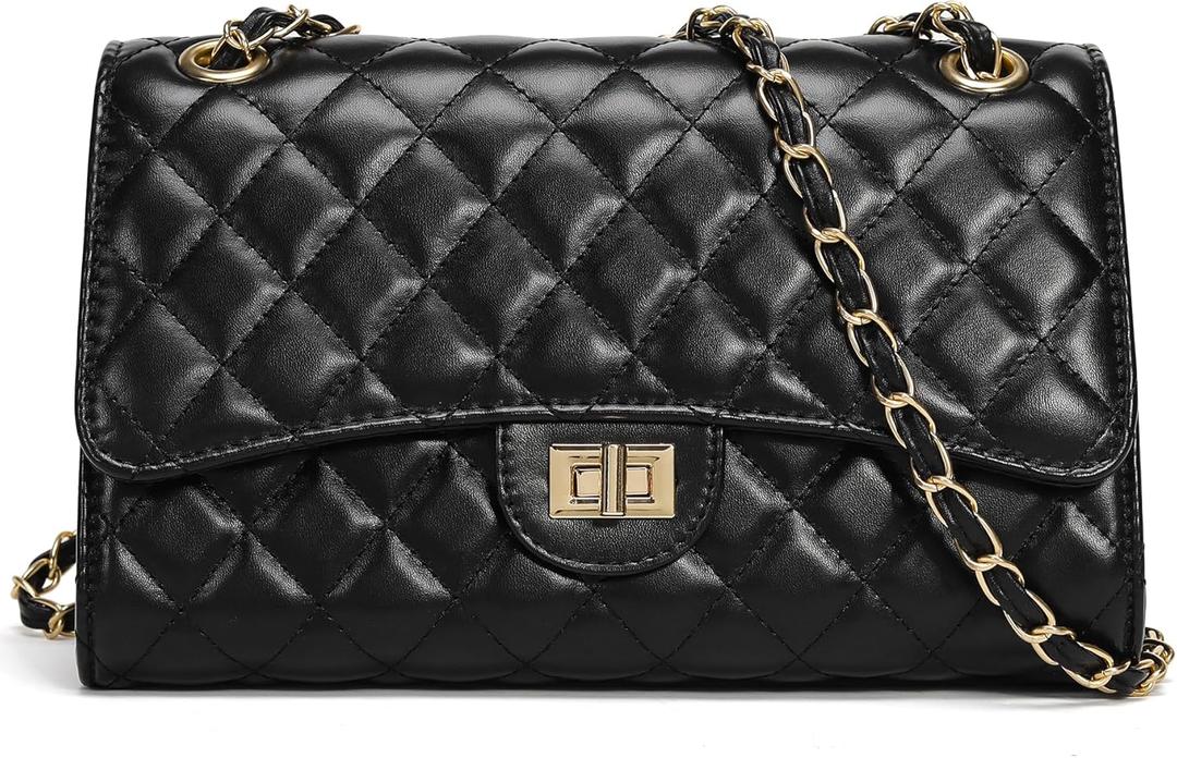 Quilted Crossbody Bag for Women Trendy Ladies Shoulder Bag PU Leather Cross Body Purses Satchel HandBag with Chain Strap (Black)