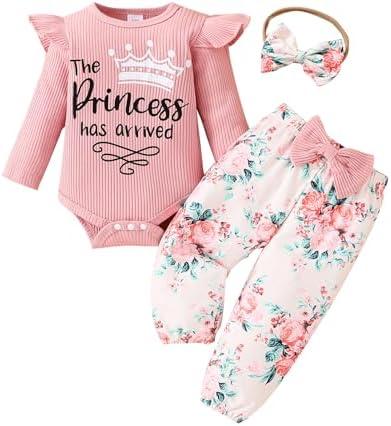 Mikccer Baby Girl Clothes,Newborn Girl Outfit Long Sleeve Ruffle Romper Floral Long Pants Headband ,Fall Winter Clothing, 3-6M