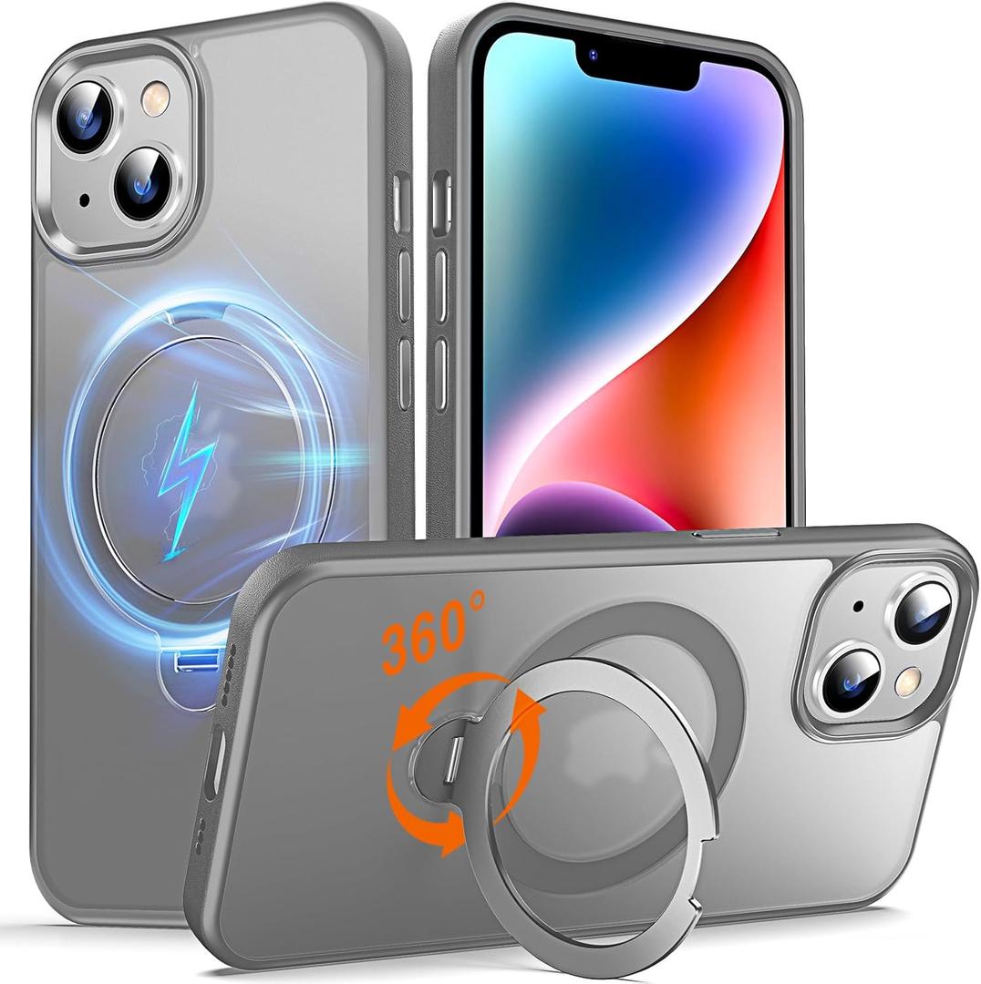 360 O-Ring MagStander for iPhone 13 Case, iPhone 14 Case with Magnetic Stand Ring Holder [Compatible with MagSafe][15FT Military Shockproof] Kickstand iPhone 13/14 Phone Cover Matte Grey