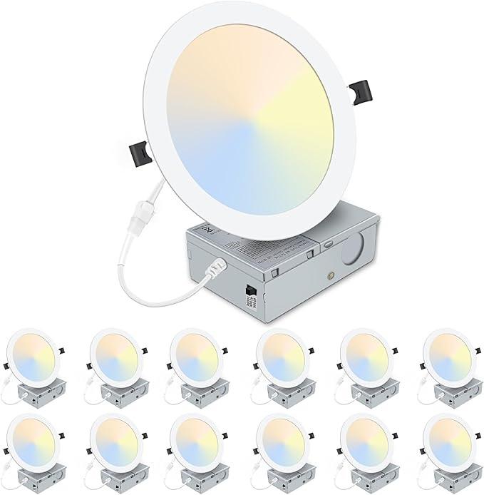 LZHOME 12 Pack 8 Inch LED Recessed Lighting with Junction Box UltraThin, 3000K/4500K/6000K Selectable, 8" Dimmable Canless LED Downlight, 1800LM CRI80 High Brightness 5%100% Recessed Light