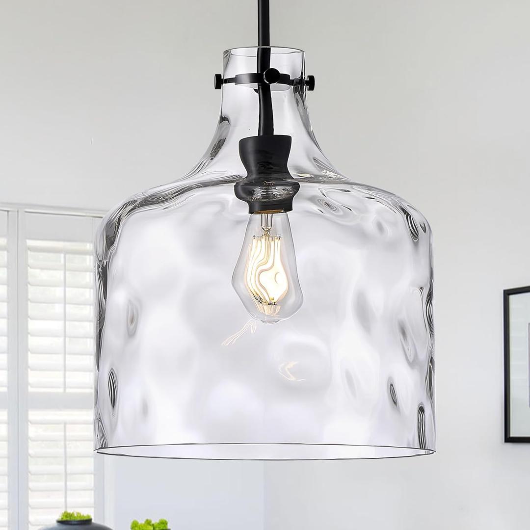 12" Farmhouse Pendant Light, Hand-Blown Clear Hammered Glass Hanging Ceiling Light Fixture with Black Finish and Adjustable Chain, Modern Rustic Lighting for Kitchen Island, Dining Room, E26 Socket